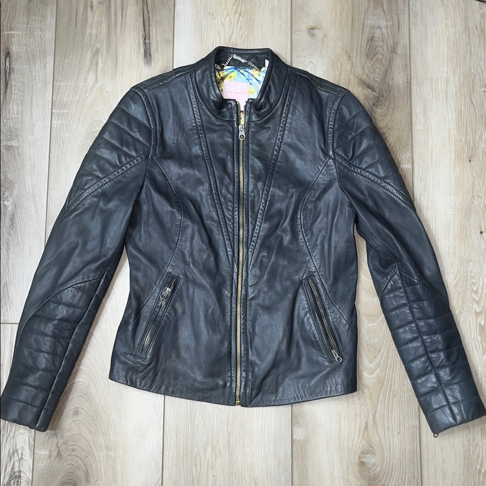 Ted Baker Elsha Leather Moto Jacket Dark Gray Size 4 US Size 10